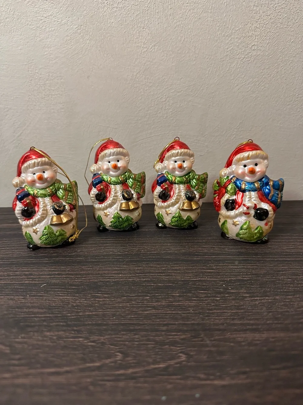 Hand Painted Ceramic Snowman Ornaments Bundle of 4